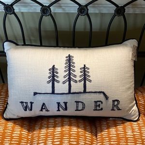 NEW Navy and White Embroidered Trees Accent Throw Pillow 12” x 20” WANDER w/Tags